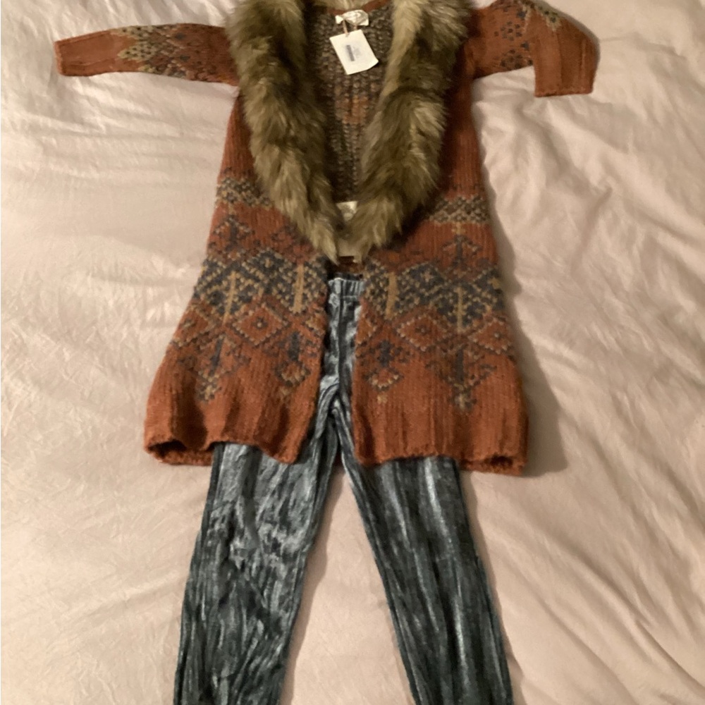 Rust Cardigan with Faux Fur Collar